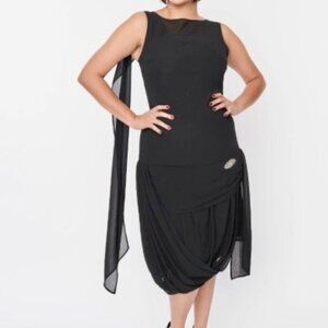 Unique Vintage 1920s Flapper Dress Black Sz L with Ostrich Rhinestone Pin #48
